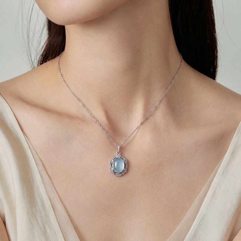 Mặt dây chuyền bạc S925 hình trứng đá Aquamarine phong cách thanh lịch, dây chuyền cổ trang sức bạc — Mặt dây chuyền đơn (không kèm dây)
