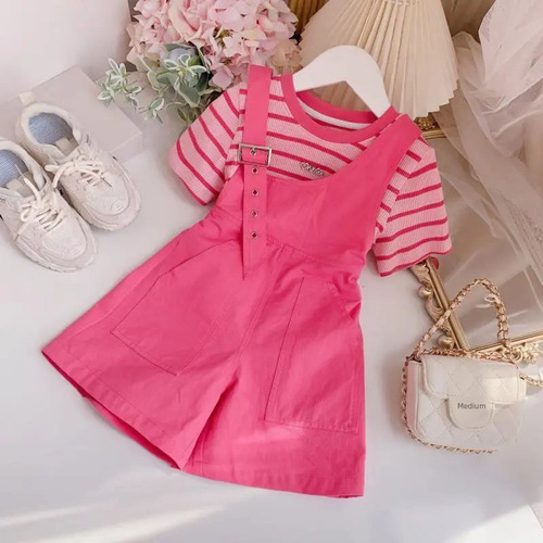 Ladies' Baby Carrier Suit Summer 2024 New Children Striped Short Sleeve Girl Korean Style Stylish Pants Two-Piece Set