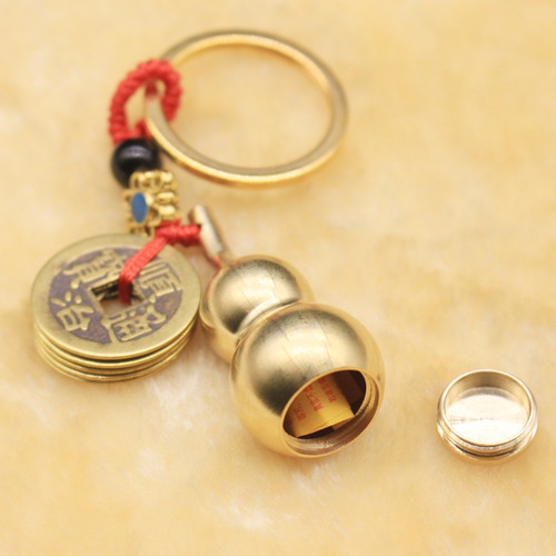 Pure Copper Five Emperors Money Keychain Brass Gourd Pendant Hollow Fulu Car Pendant Pure Copper Tourist Stall Decoration