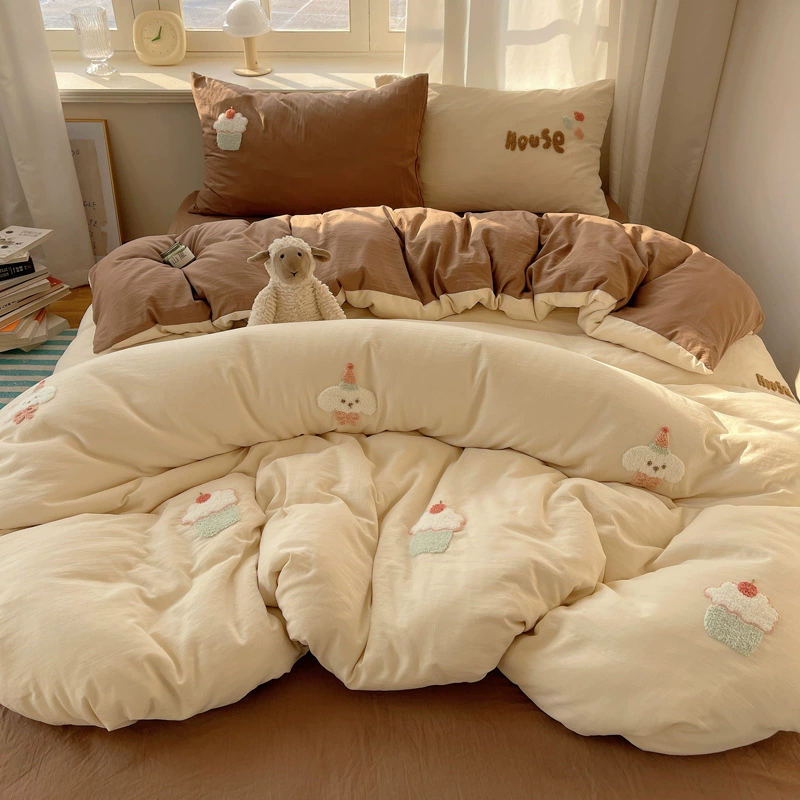 Four-Piece Embroidered Bedding Set, Soft Sweet Dessert Design, Spring–Summer, Multiple Sizes