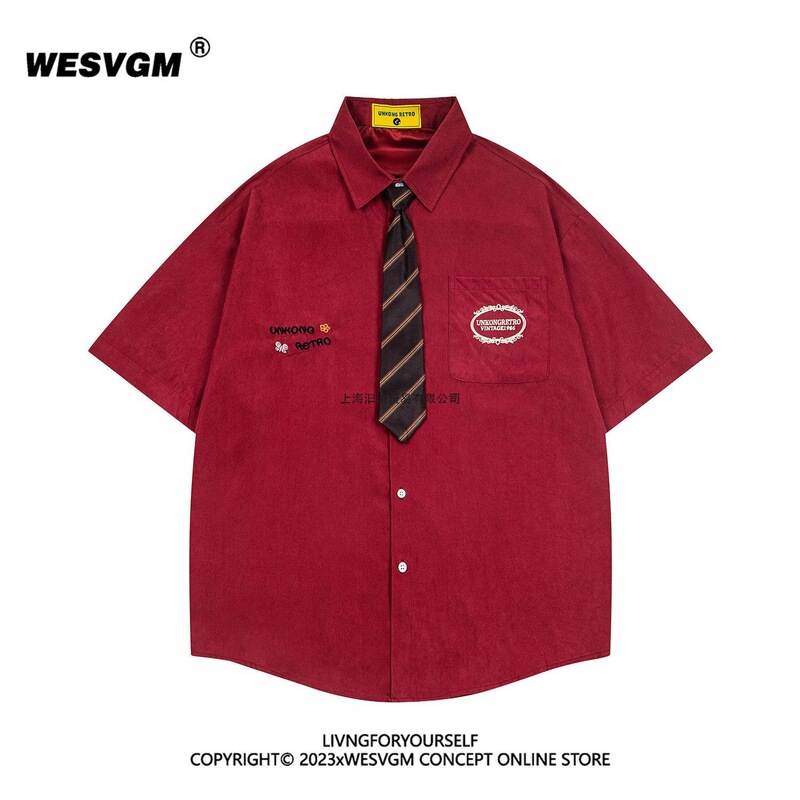 2026 Summer American Retro Preppy Style Embroidered Tie Short-Sleeved Polo Collar Shirt Tops for Men and Women Trendy
