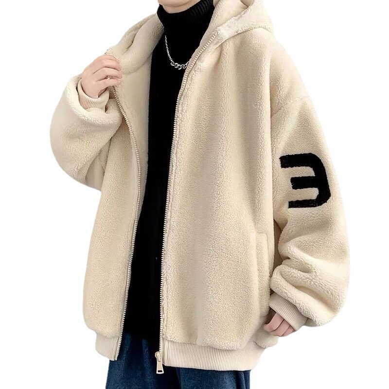 가을과 겨울 플러스 사이즈 양고기 양털 면화 옷 남성용 청소년 느슨한 스웨터 지퍼 가디건 후드 자켓