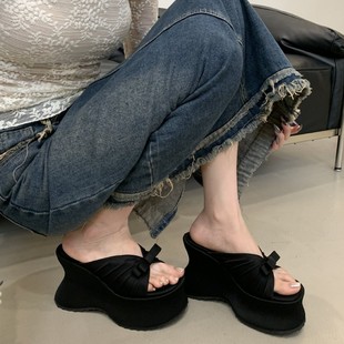 11cm Beautiful Super High Heel Women's Shoes for Outer Wearing Thick Sole Dress Fashionable Popular Internet Heightened Wedge Slippers Women's Leopard Print