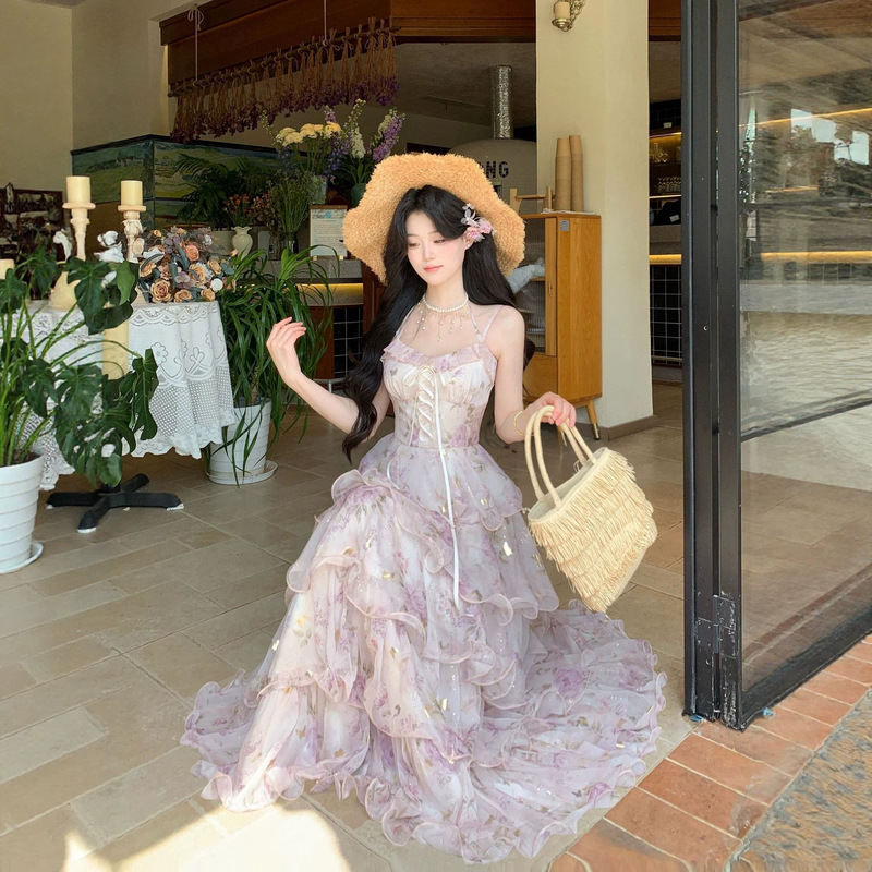 2026 Summer Vacation Floral Suspender Dress for Girls, New Style, Princess-Like, Slimming, Puffy Skirt, Fairy Long Dress