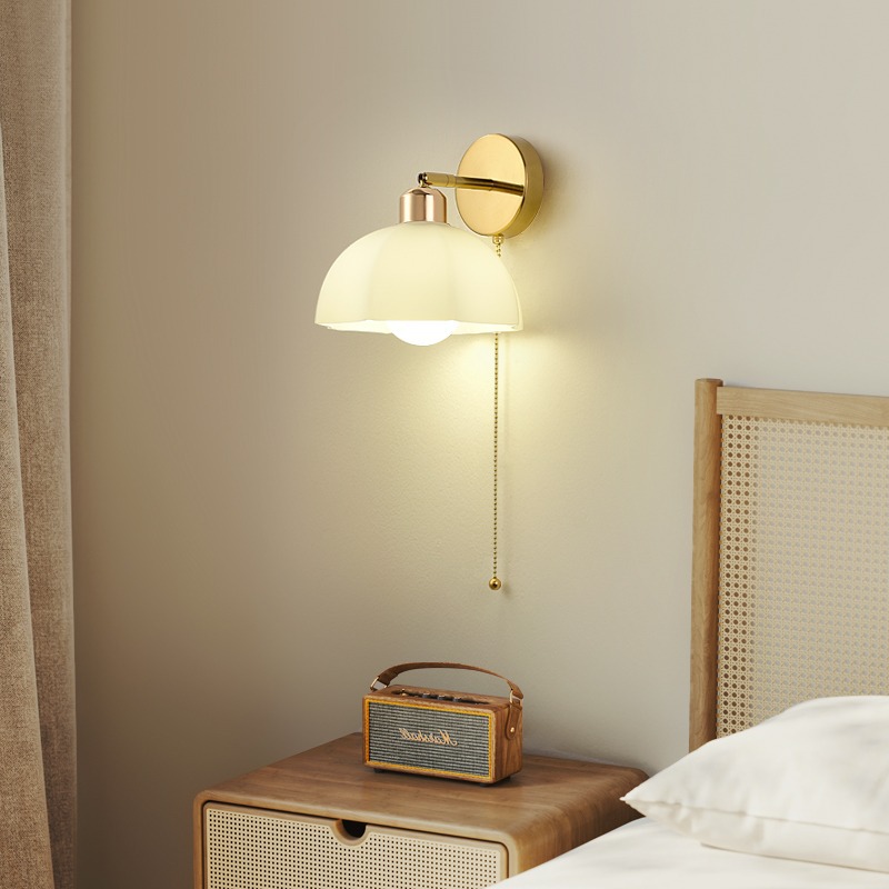 北欧陶瓷壁灯日式简约卧室床头灯法式民宿客厅书房拉线开关墙壁灯