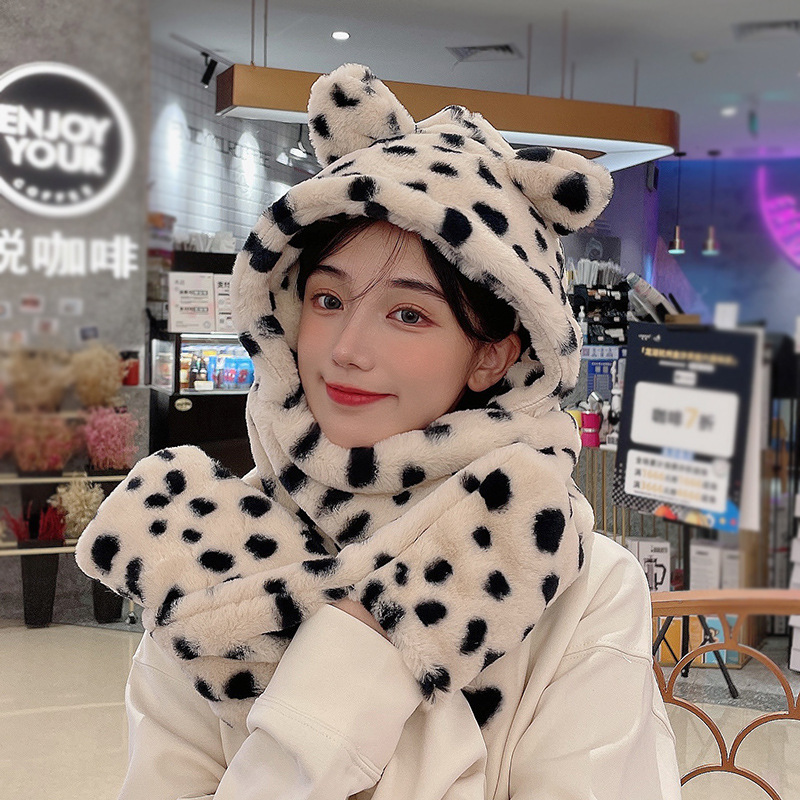 小熊帽子女新款多功能三合一围巾女防风保暖时尚豹点百搭毛绒围巾|ms