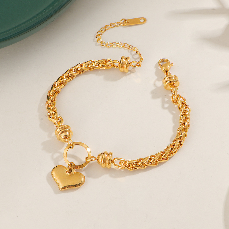 European and American Stylish Fashion High-End Heart Pendant Stainless Steel Bracelet Gold Hip-Hop Punk Style Winding Bracelet for Women