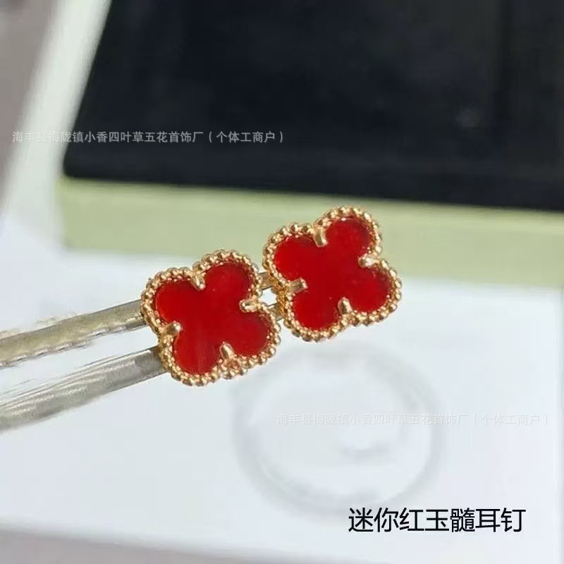 高质量V金幸运四叶草925银针耳钉红黑玛瑙白贝母耳拍气质百搭耳环|undefined