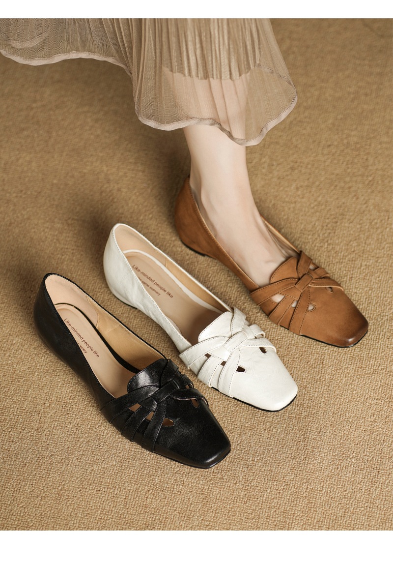 Giày ballet nữ mũi vuông da cừu đế bệt quai mảnh phong cách cổ điển — màu nâu chi tiết 1