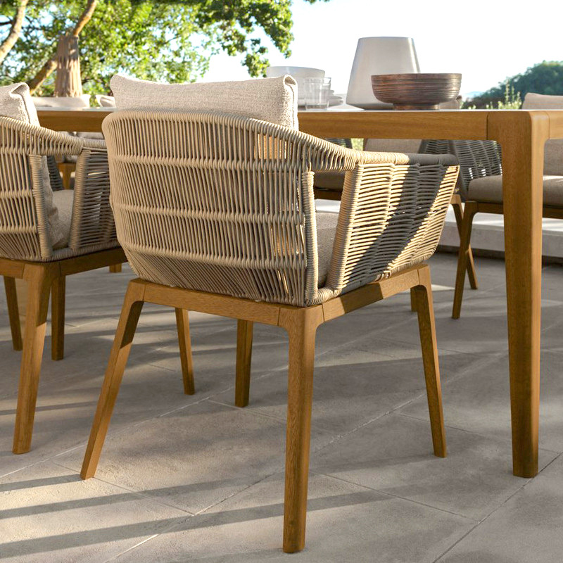 Nórdico al aire libre mesa de teca y silla de ocio patio moderno terraza mesa de comedor balcón anticorrosión de madera protección solar combinación de silla de ratán