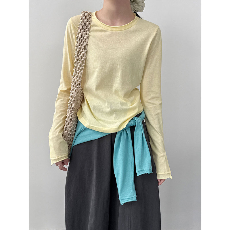 Luxi Simple and Versatile Regular Shoulder Double-Layer Rolled Edge Round Neck T-Shirt 26 Spring New Style with Button Design Long Sleeves 21003