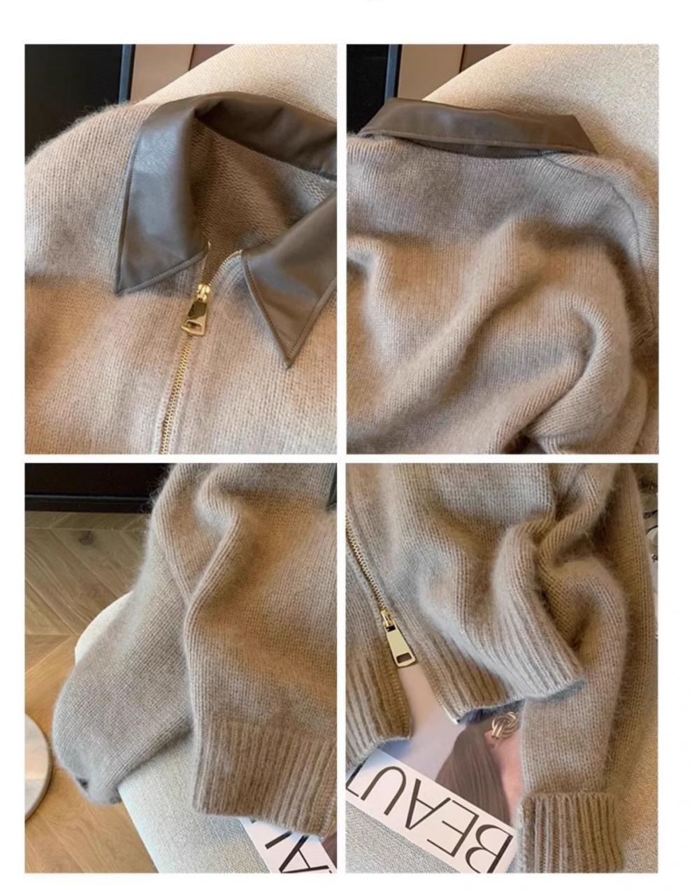Modieus damesvest met leren kraag en rits gebreide bovenkleding_voghion.com