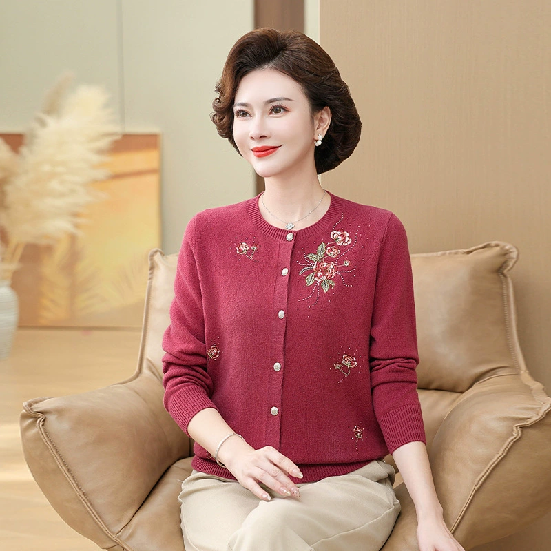Пальто Чистый кардиган для пожилых женщин осенью и зимой трикотажный кардиган для мамы свитер 100 иностранных бабушкиных топ