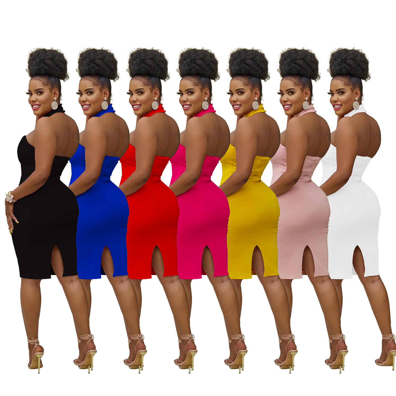 X5996 transfronterizos AliExpress Amazon europeo y americano de la moda de las mujeres color sólido cuello colgante envuelto pecho vestido sin mangas image 6