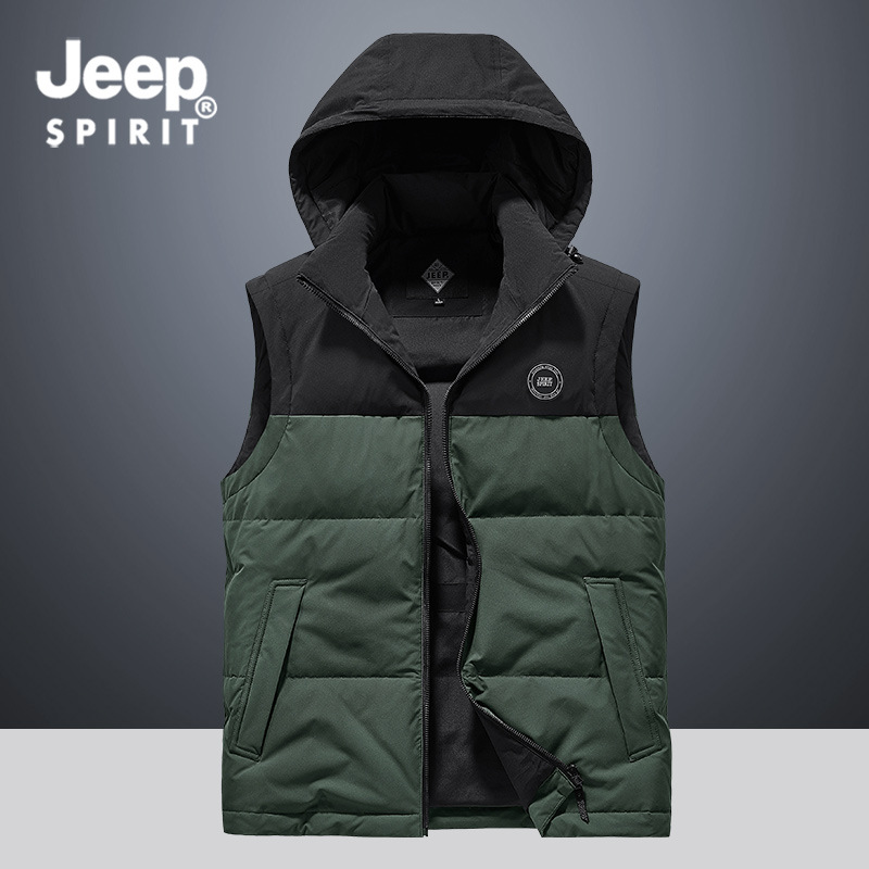 JEEP SPIRIT 다운 조끼 남성용 겨울 따뜻한 겉옷 조끼 경량 후드 칼라 화이트 덕 다운 재킷