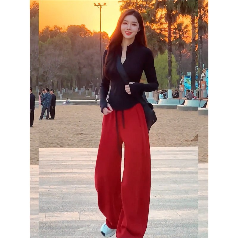 深圳南油2025秋装超火一整套女长袖黑色上衣阔腿裤休闲运动两件套|undefined