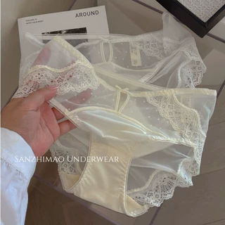 法式薄款缎面2026新款纯欲中腰三角裤不夹PP女裆性感蕾丝内裤女