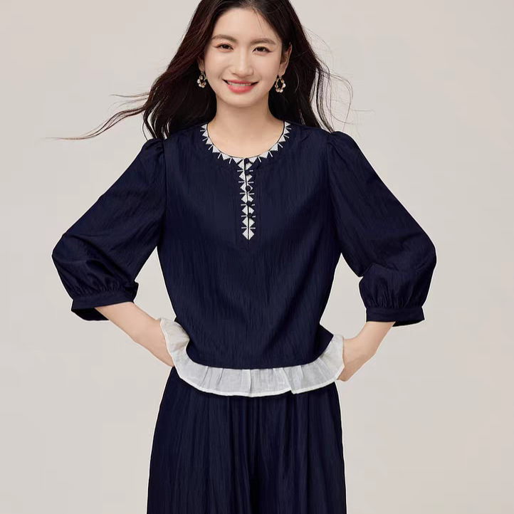 休闲松弛感套装女2025初秋新款七分袖刺绣上衣阔腿裤两件套|undefined