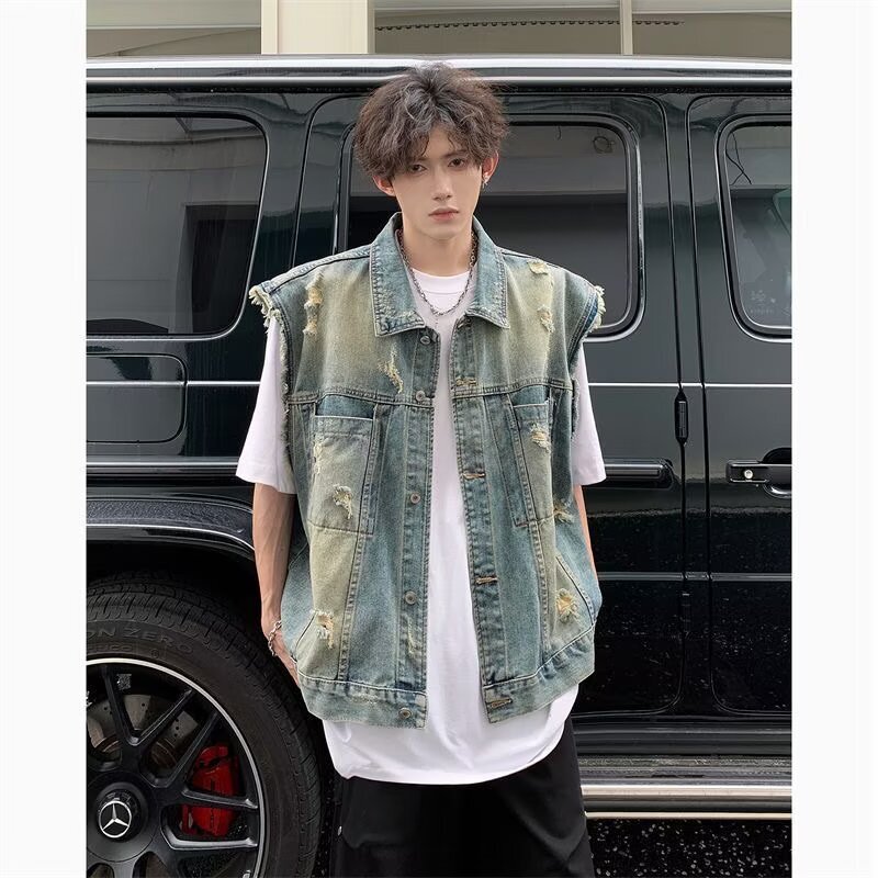 Vintage Washed American High Street Style Ripped Short Denim Vest for Men, Spring and Summer Trendy Sleeveless Gilet Top