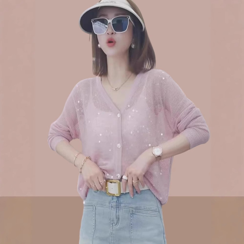 Chic and Unique Lightweight Breathable Sequin Hollow Knitted Cardigan Summer New Casual Sunscreen Small Shirt All-match Top