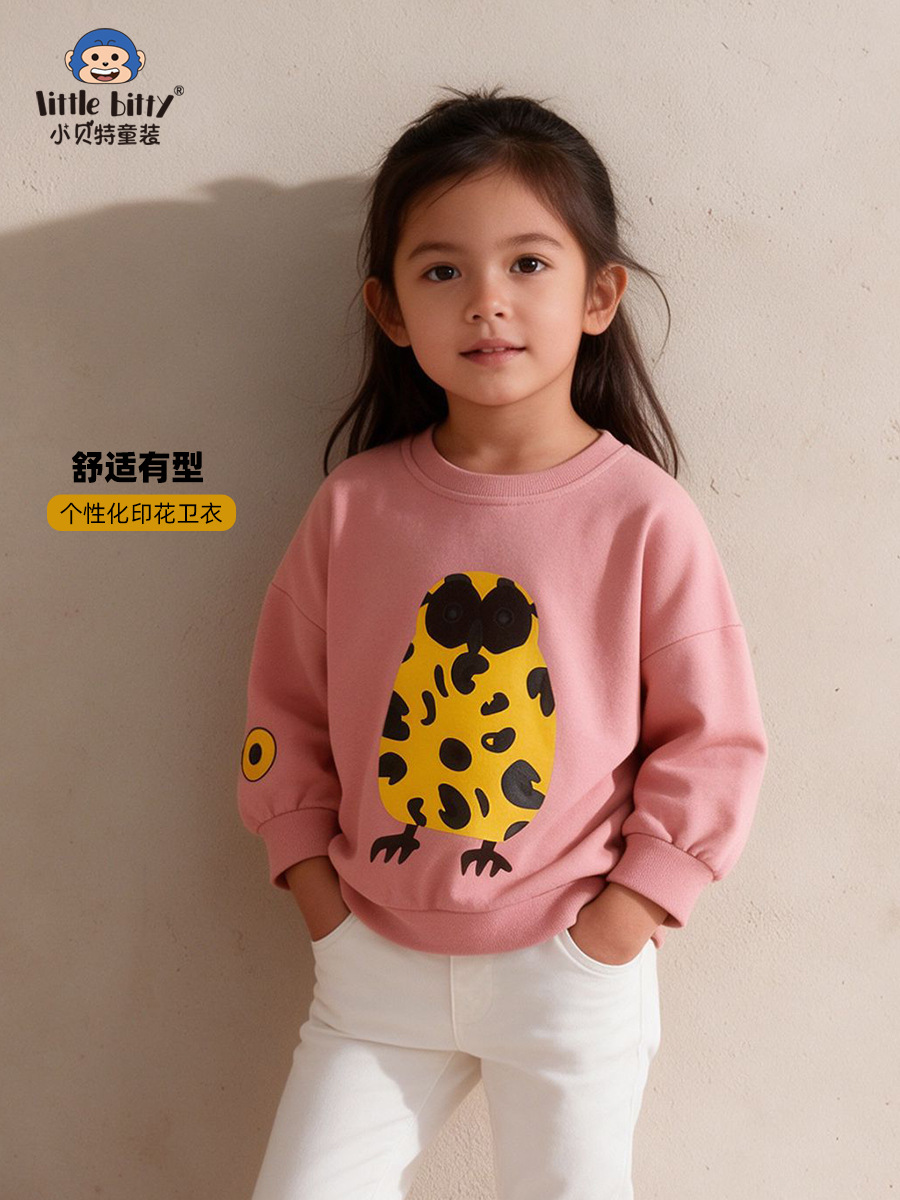 女童秋冬季圆领卫衣卡通斑点小鸟印花儿童长袖卫衣休闲现货童装