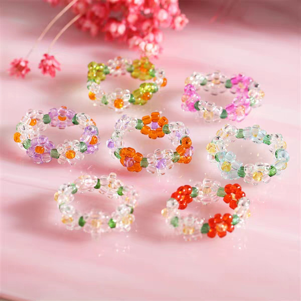 Fresh and Simple Flower Ring with Colorful Beads, Sweet Spring/Summer 2024 New Trendy Ins Style Woven Hand Jewelry for Women