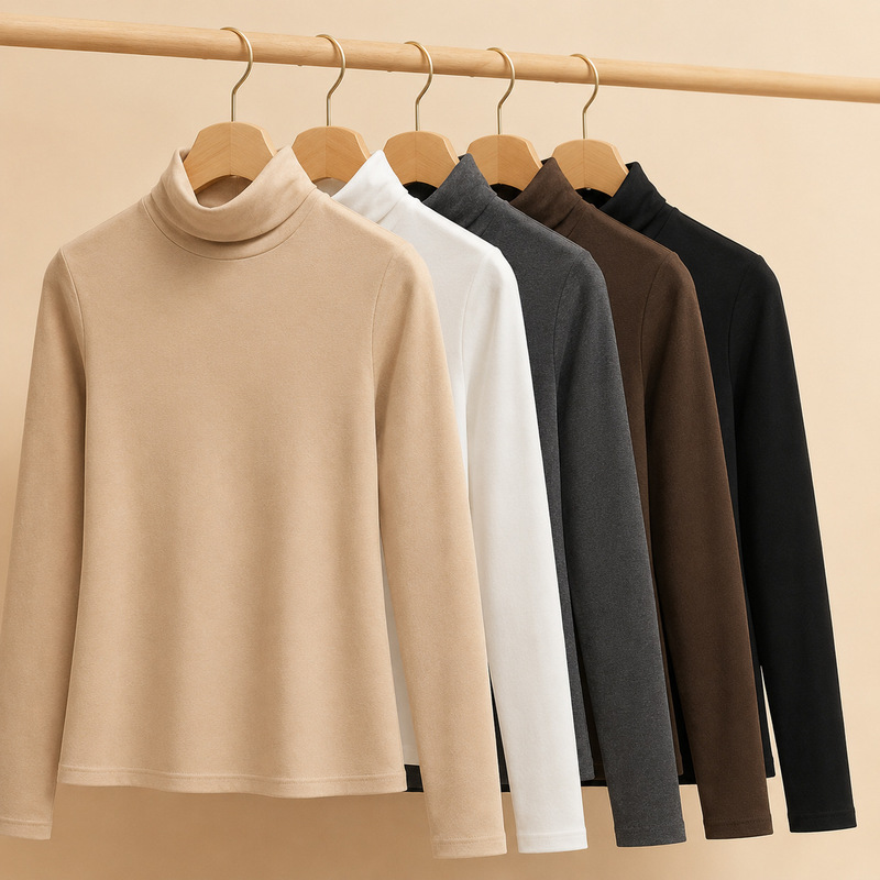 Women's semi-high collar thermal base shirt for autumn and winter, with added fleece and brushed texture, long-sleeved, mid-collar, solid color, slim-fit base shirt Women's semi-high collar thermal base shirt for autumn and winter, with added fleece and brushed texture, long-sleeved, mid-collar, solid color, slim-fit base shirt