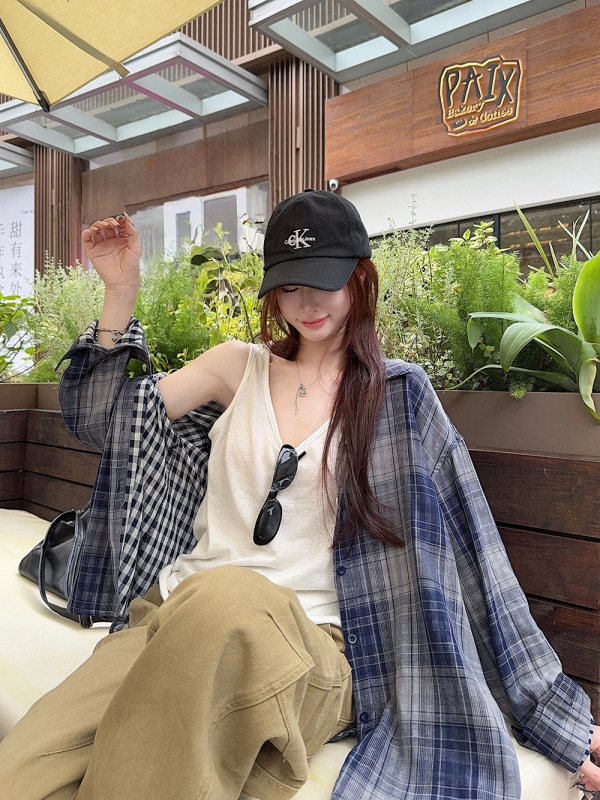2025年新款北欧晚风设计感正反两穿双面格子衬衫女夏防晒衬衣上衣|undefined