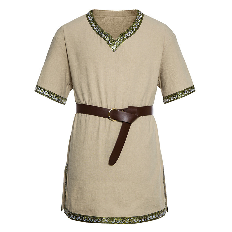 2025 Summer European Size Men's Medieval Costume Halloween Waistband Viking Knight Pirate Retro Warrior Shirt
