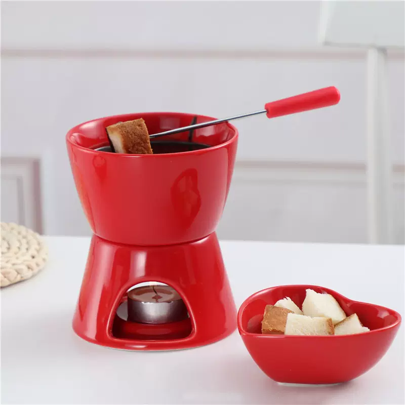 红色巧克力火锅炉家用冰淇淋火锅陶瓷巧克力融化炉芝士锅蜡烛炉