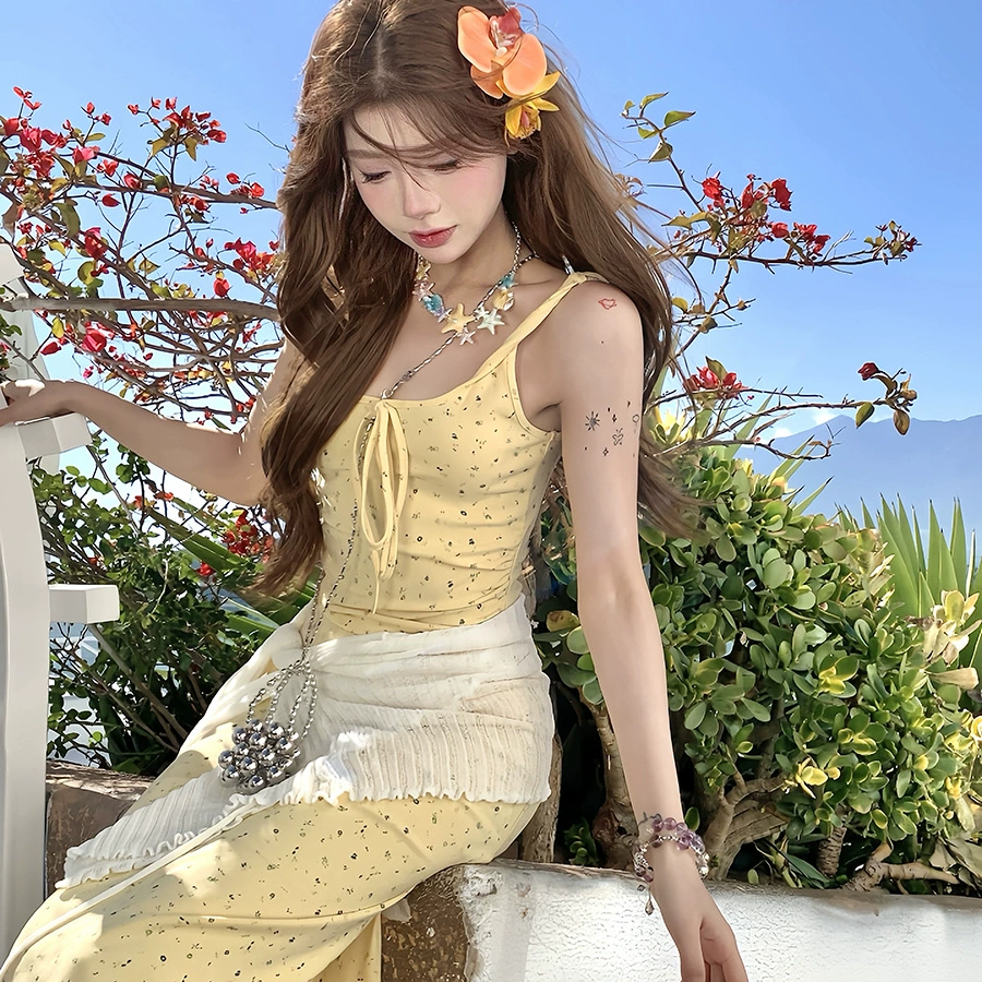 2025 новый французский цветочный платье весна лето новая желтая длинная юбка маленькая длинная подтяжка платье