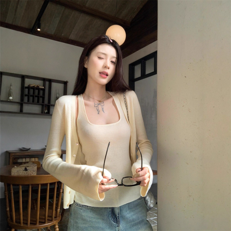 针织开衫外套两件套装女春秋长袖挂脖吊带背心上衣|undefined