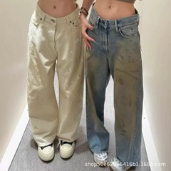 AC 25新款街头复古做旧高腰皮拼接卯钉压皱宽松阔腿脏脏牛仔裤女