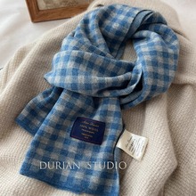 精选珍品澳洲wool100%纯羊毛蓝色小格子围巾冬季加厚保暖情侣围脖