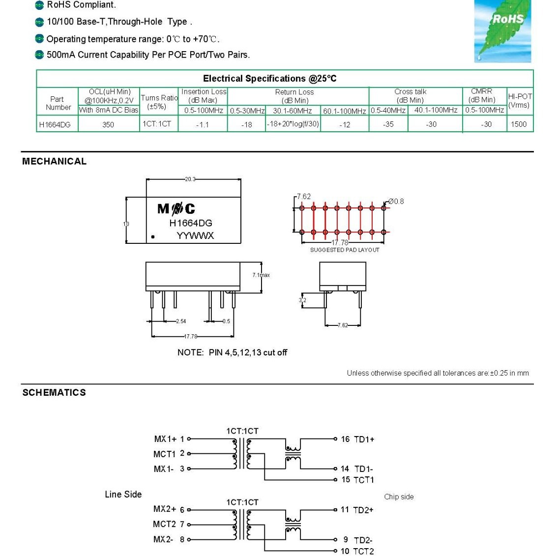H1664DG 以太网络变压器LAN Transformers 10-100-Base-T