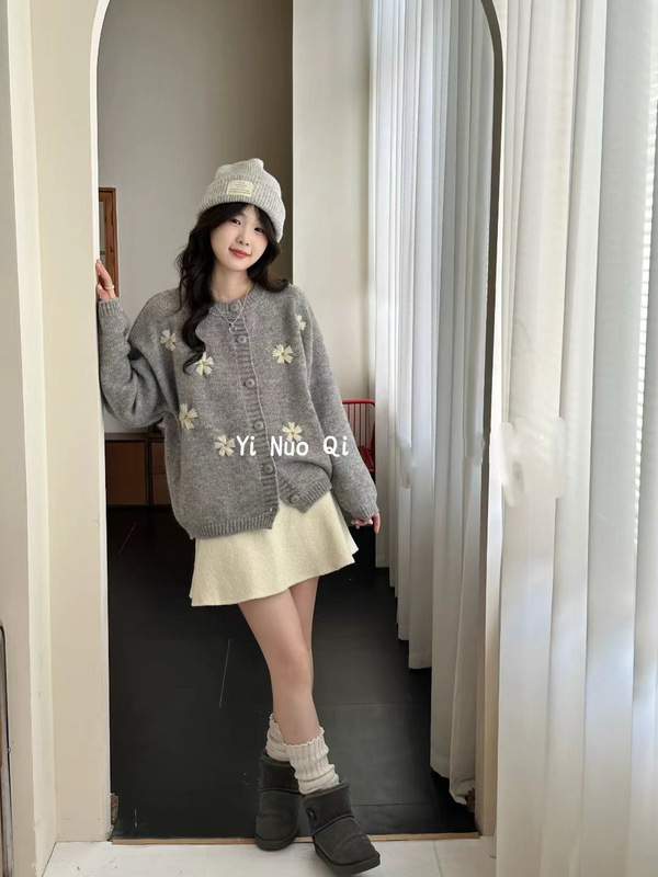 费尔岛灰色毛衣慵懒高级感开衫外套女秋冬季加厚宽松上衣2025新款|undefined