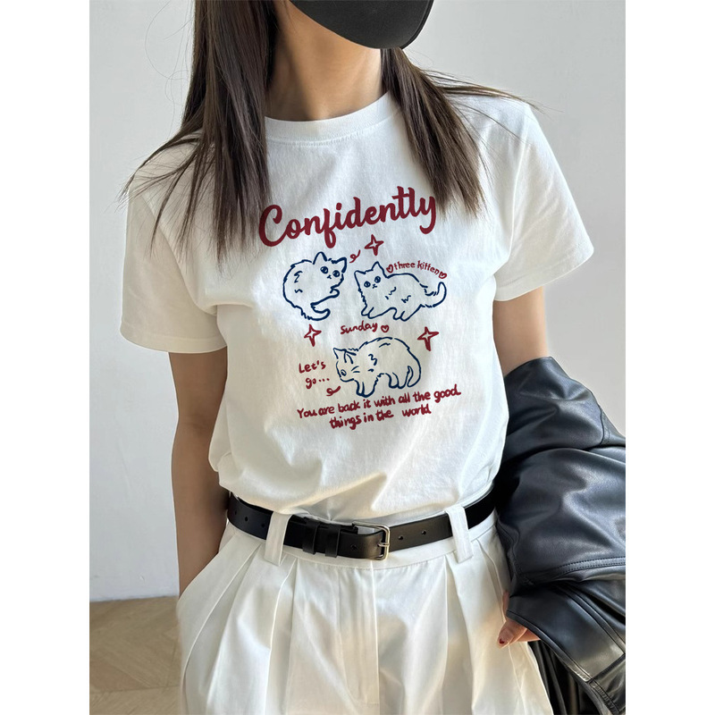 Age-Reducing Kitten Print Round Neck Top for Women 2026 Summer Regular Shoulder Loose Fit Slightly Plus-Size Casual Short-Sleeve Pure Cotton T-Shirt