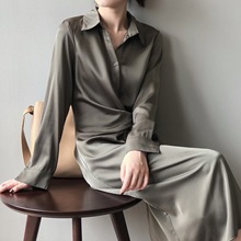 2022韩版设计感气质长裙 缎面衬衣连衣裙女