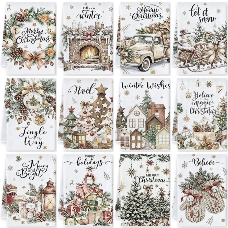 Log House Christmas Tree Gift Pastoral Style Christmas Print Towel Fireplace Log House Winter Holiday Kitchen Dish Towel Log House Christmas Tree Gift Pastoral Style Christmas Print Towel Fireplace Log House Winter Holiday Kitchen Dish Towel