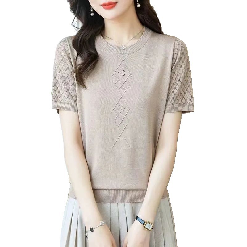 夏の新しい薄い中空セーター無地 Tシャツ女性のラウンドネックプルオーバー半袖トップ韓国スタイルルーズ Tシャツ|undefined