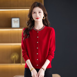 秋冬圆领全毛针织衫长袖新款休闲单排扣薄开衫100%羊毛妈妈毛衣，女装针织衫/毛衣，妃慕昵服饰