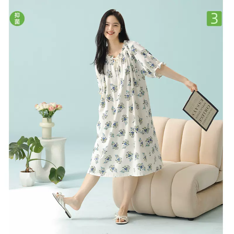 【抗菌新疆棉】a类拉架棉夏季短袖睡裙女士纯棉宽松版薄款家居服