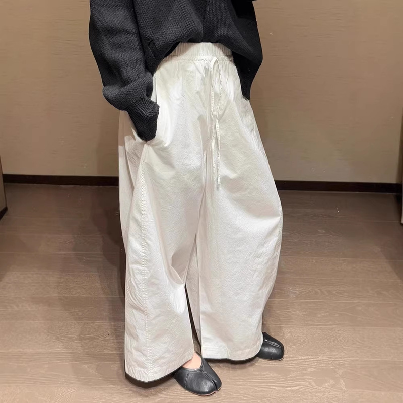 Highly Recommended! White Wide-Leg Casual Barrel-Shaped Pants for Women, Thin Drawstring Elastic Waist Sun Protection Pants, Casual Long Pants