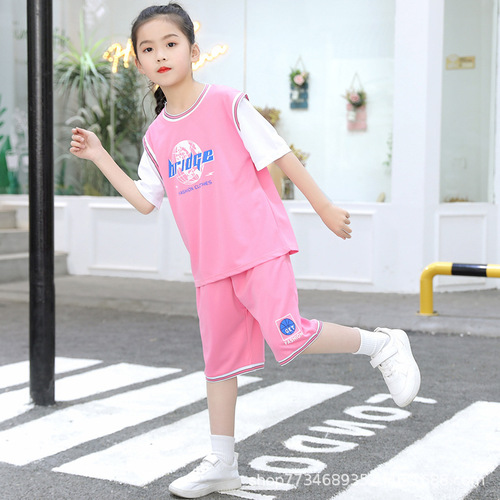 Children's fake two-piece basketball uniform quick-drying suit for boys and girls summer short-sleeved football jersey training team uniform sports