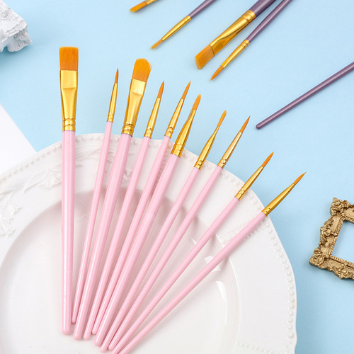 Cross-border Amazon 10 plastic long pole children's art diy oil painting nylon gouache acrylic set brushes