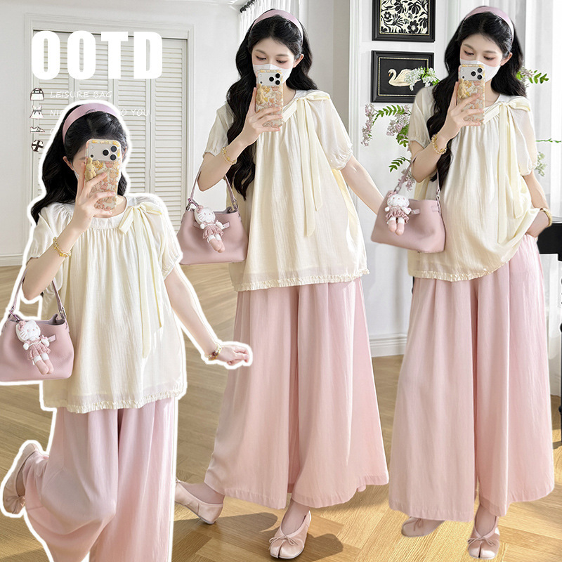 Maternity Summer Outfit Set for Pregnancy Check-Ups, Short-Sleeve Top, Casual Belly Support Pants, Stylish Two-Piece Set for Pregnant Women