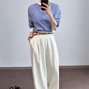 Spring, Summer and Autum Elegant Off-White Suit Pants for Women, Loose Slimming Look Wide-Leg Pants for Work Clothing, Simple Casual Linen Pants