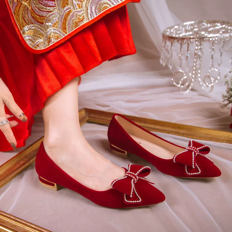 Свадебное платье в китайском стиле Xiuhe Свадебные туфли Невеста тост красные высокие каблуки не утомляет беременные женщины с плоским дном 3 см