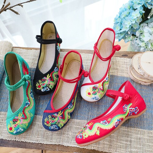 [Painted Dragon] Retro Embroidered Dragon Pattern Shallow Plate Buckle Low Heel Canvas Embroidered Cloth Shoes Women's Shoes
