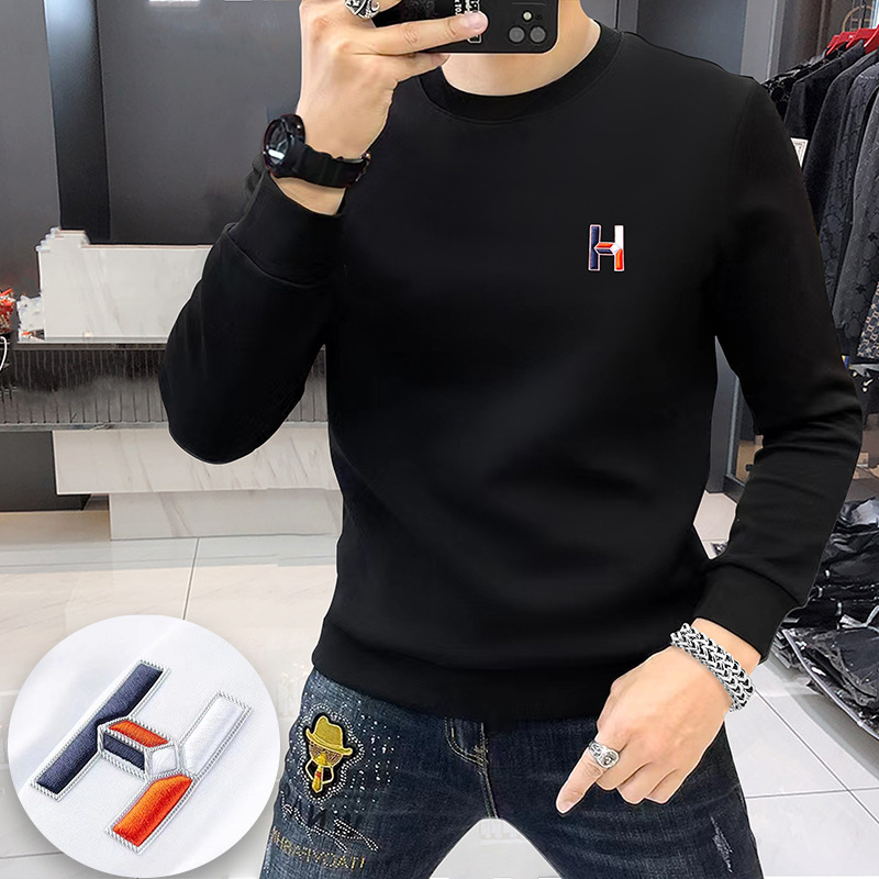 Light Luxury Autum Round Neck Sweatshirt Trbottomy Brand Men's Long-Sleeved New H Brand Fashion European Goods Velvet Thickeneded Casual Bottoming